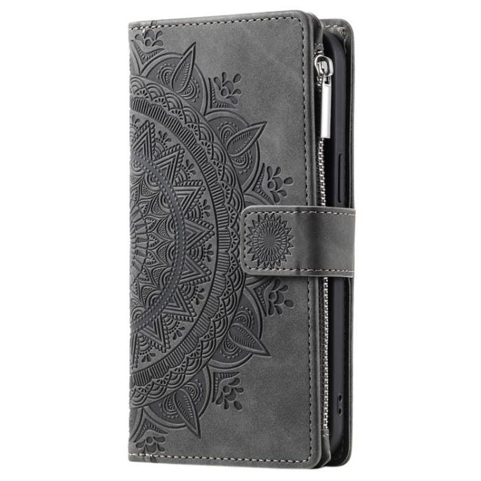 OEM - iPhone 15 Plus Plånboksfodral Mandala Flower Imprinted - Grå