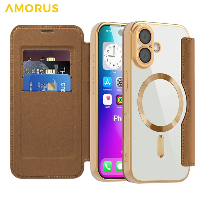 Amorus - AMORUS iPhone 17 Plånboksfodral MagSafe RFID Blocking - Brun