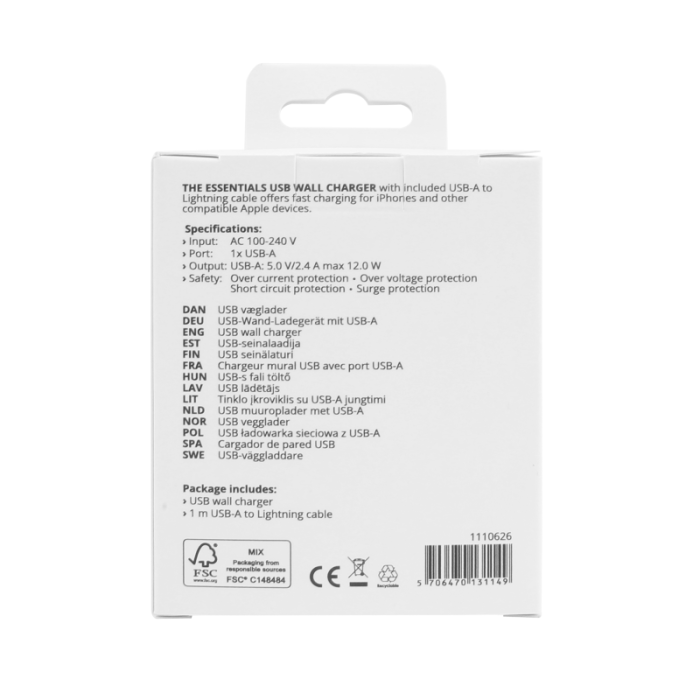 UTGATT1 - Essentials MFi Väggladdare 12W Lightning USB-A Kabel 1m - Svart