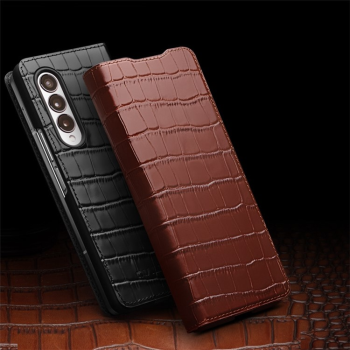 QIALINO - QIALINO Galaxy Z Fold 3 Fodral Äkta Läder Cowhide Crocodile - Brun