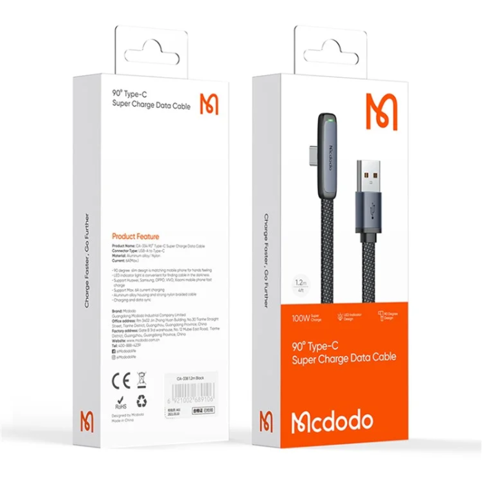 MCDODO - MCDODO USB-A - USB-C 100W Kabel 1.2m 6A CA-3340 MDD - Svart