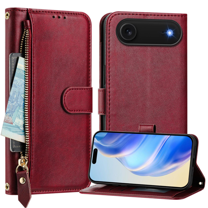 A-One Brand - iPhone 17 Air Plånboksfodral Zipper Pocket Läder - Röd