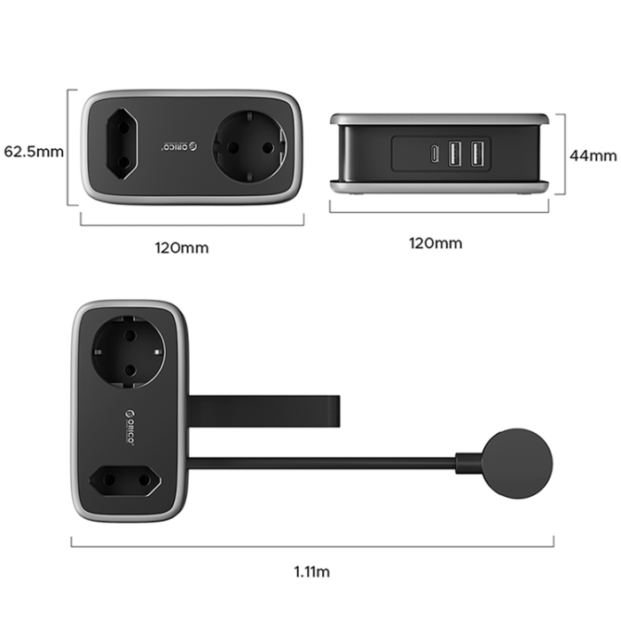 ORICO - Orico 5in1 Grenuttag 15.5W 2xUSB-A 1xUSB-C 2xAC APP - Svart