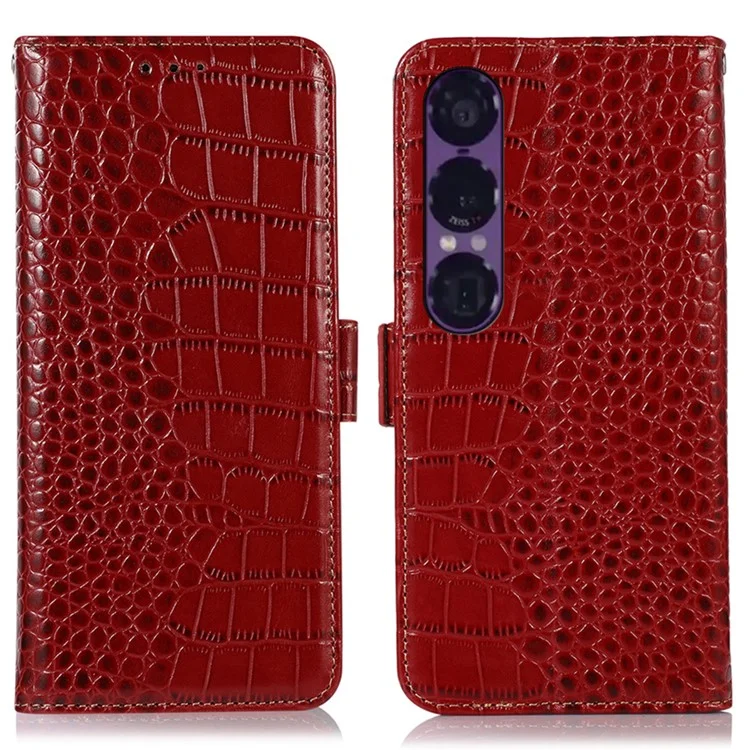 Sony Xperia 1 VII Äkta Läder Plånboksfodral Crocodile Texture - Röd | 2353 | AlltMobil