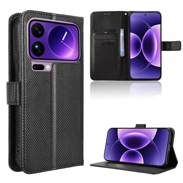 Xiaomi 17 Pro Max plånboksfodral diamond texture rem svart kortfack fodral wallet