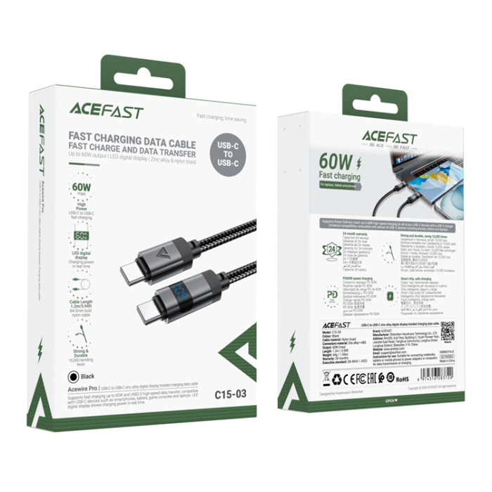 Acefast - Acefast USB-C - USB-C 66W Kabel 1.2m 480Mb/s Svart