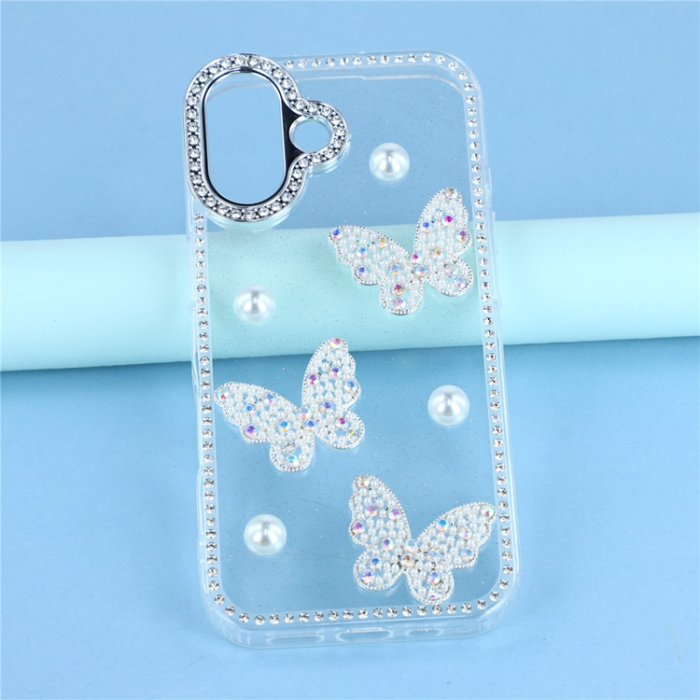 A-One Brand - iPhone 17 Mobilskal Rhinestone Edge Pearl Butterfly