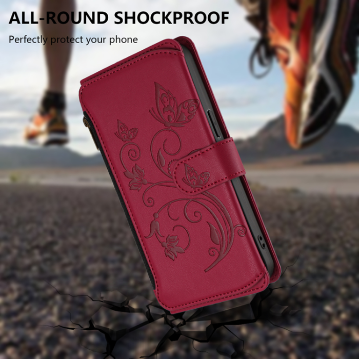 A-One Brand - iPhone 17 Pro Max Plånboksfodral Butterfly Floral Imprint - Vinröd