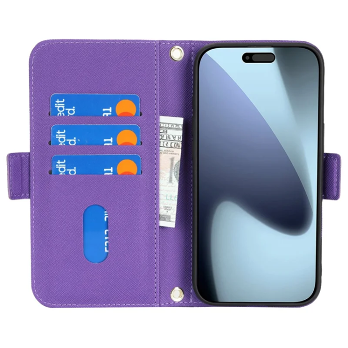 A-One Brand - iPhone 17 Pro Konstläder Plånboksfodral Cross Texture med Axelrem - Lila