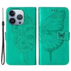 OEM - iPhone 14 Pro Max Pl&aring;nboksfodral Butterfly Flower Imprinted - Gr&ouml;n