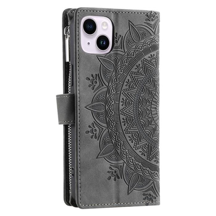 OEM - iPhone 15 Plus Plånboksfodral Mandala Flower Imprinted - Grå