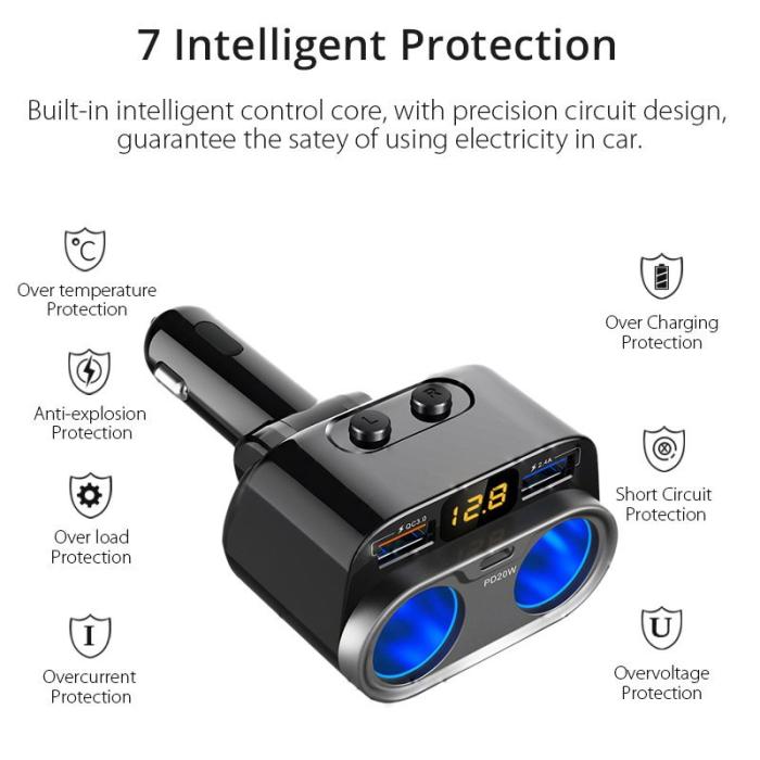 OEM - C47PQ Billaddare med PD 20W, QC3.0, 2.4A USB och 2 Cigarette Socket