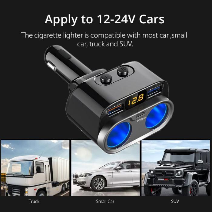 OEM - C47PQ Billaddare med PD 20W, QC3.0, 2.4A USB och 2 Cigarette Socket