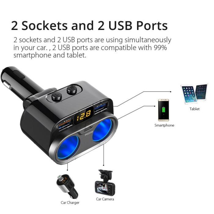 OEM - C47PQ Billaddare med PD 20W, QC3.0, 2.4A USB och 2 Cigarette Socket