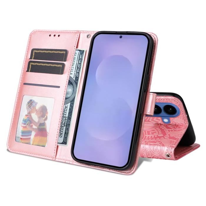 OEM - Samsung Galaxy S26+ Plånboksfodral Konstläder Solrostryck - Rosa