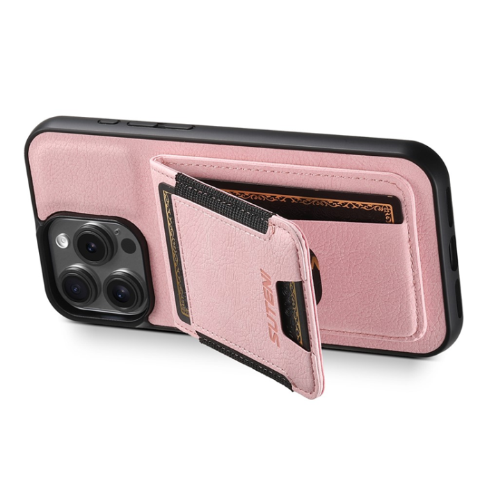 SUTENI - SUTENI iPhone 16 Pro Mobilskal Korthållare Litchi Läder - Rosa