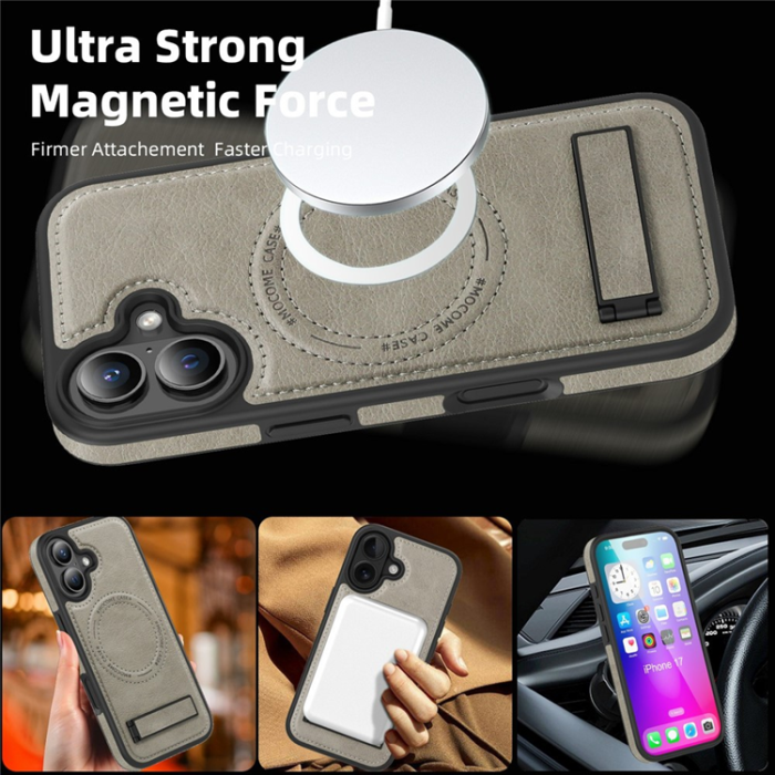 A-One Brand - iPhone 17 Mobilskal MagSafe Kickstand Läder - Titanium Grå