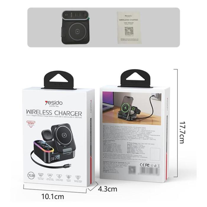 Yesido - YESIDO Magnetisk Trådlös Laddare 65W för Mobil/Watch/Earbuds med Digital klocka