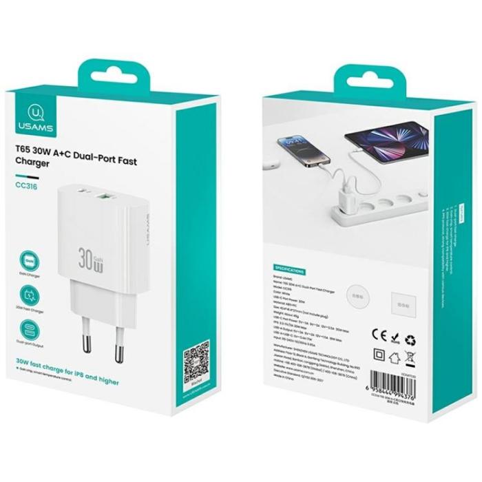 USAMS - USAMS Snabbladdare 30W 1xUSB-C 1xUSB-A CC316 - Vit