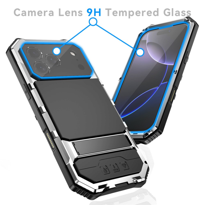 R-JUST - R-JUST iPhone 17 Pro Mobilskal med Härdat Glas Kickstand - Silver