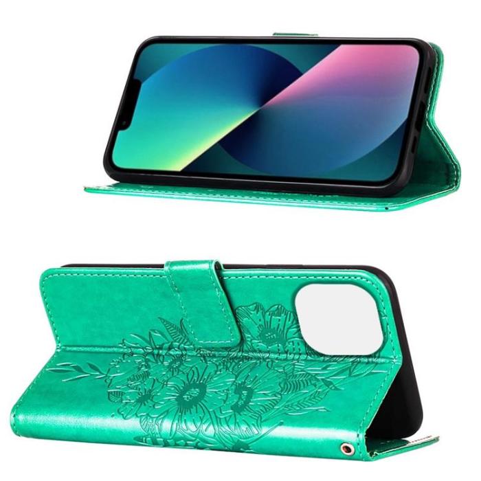 OEM - iPhone 14 Plus Plånboksfodral Butterfly Flower Imprinted - Grön