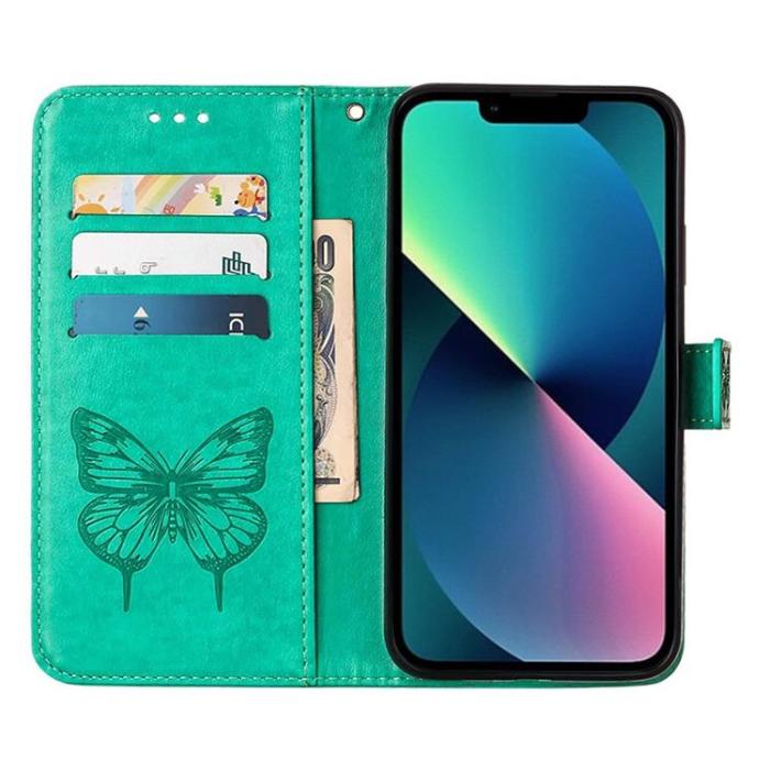 OEM - iPhone 14 Plus Plånboksfodral Butterfly Flower Imprinted - Grön