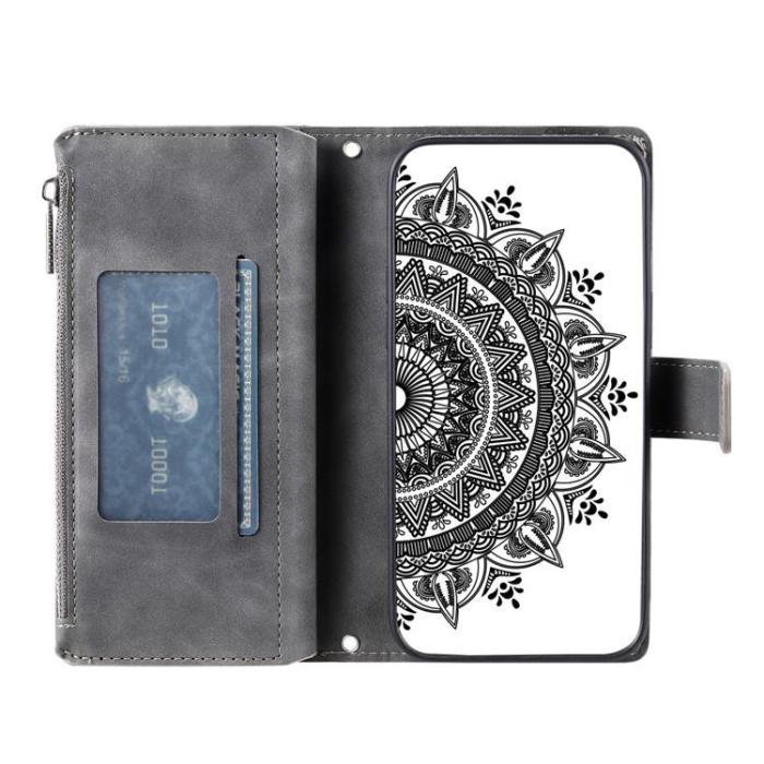 OEM - iPhone 15 Plus Plånboksfodral Mandala Flower Imprinted - Grå