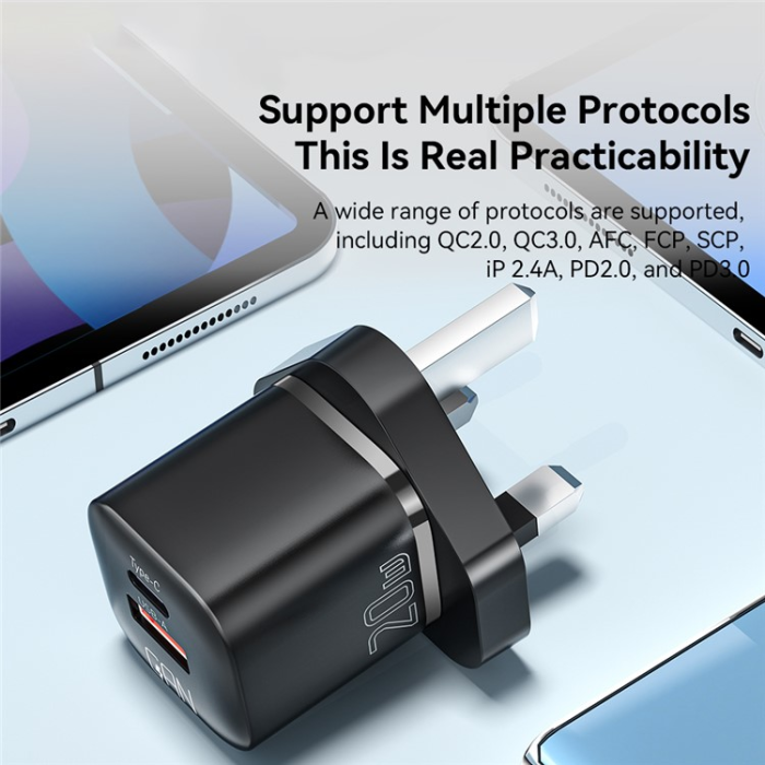ESSAGER - ESSAGER GaN Snabbladdare 20W USB-A - USB-C UK Curved - Svart