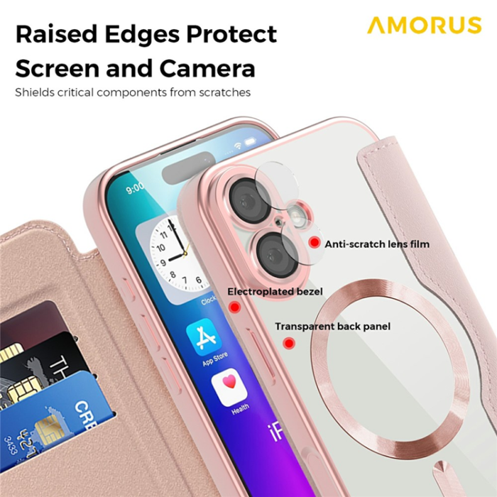 Amorus - AMORUS iPhone 17 Plånboksfodral MagSafe RFID Blocking - Rosa