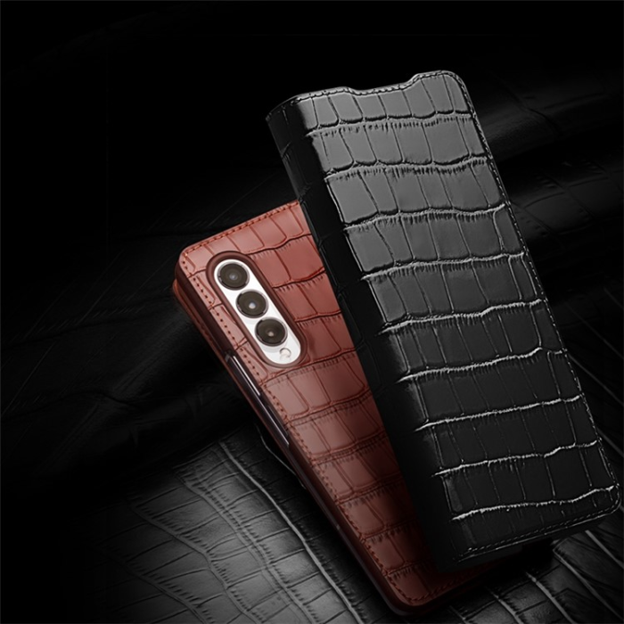 QIALINO - QIALINO Galaxy Z Fold 3 Fodral Äkta Läder Cowhide Crocodile - Brun