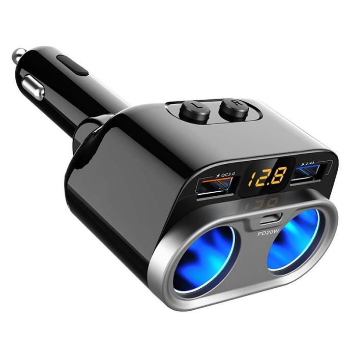 OEM - C47PQ Billaddare med PD 20W, QC3.0, 2.4A USB och 2 Cigarette Socket