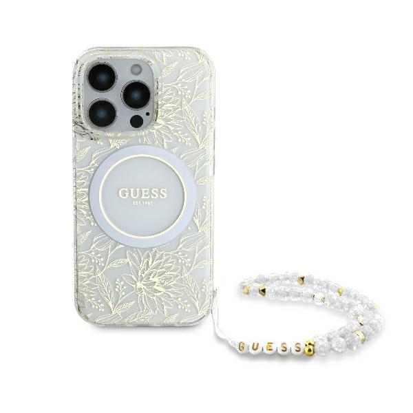 Guess iPhone 16 Pro Mobilskal MagSafe IML Flowers Med Strap - Vit | 2353 | AlltMobil