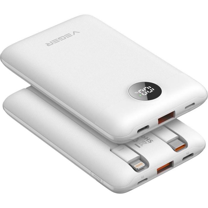 Veger - VEGER Powerbank 10000 mAh 22.5W med Lightning/Typ-C Kabel - Vit
