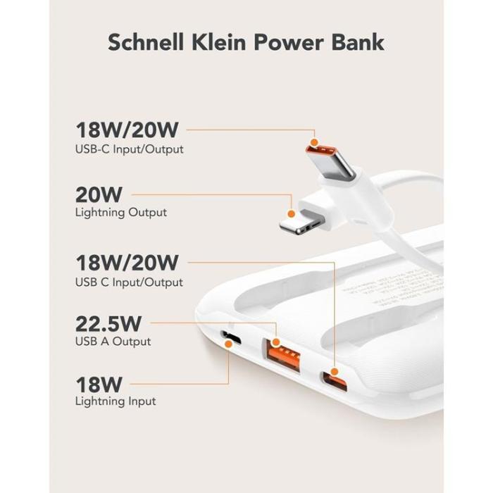 Veger - VEGER Powerbank 10000 mAh 22.5W med Lightning/Typ-C Kabel - Vit