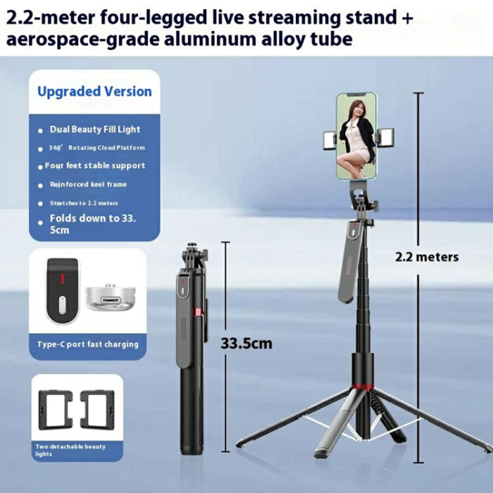 OEM - Selfiestick Bluetooth med Dubbelt Lampa V2 P185MAX