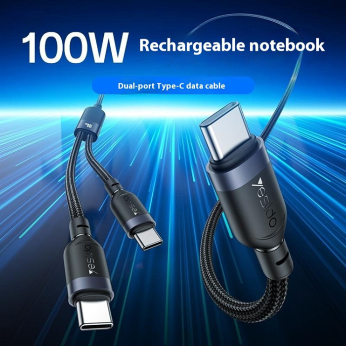 Yesido - YESIDO 2in1 USB-C - 2x USB-C 100W Kabel 1.2m PD CA92 - Svart
