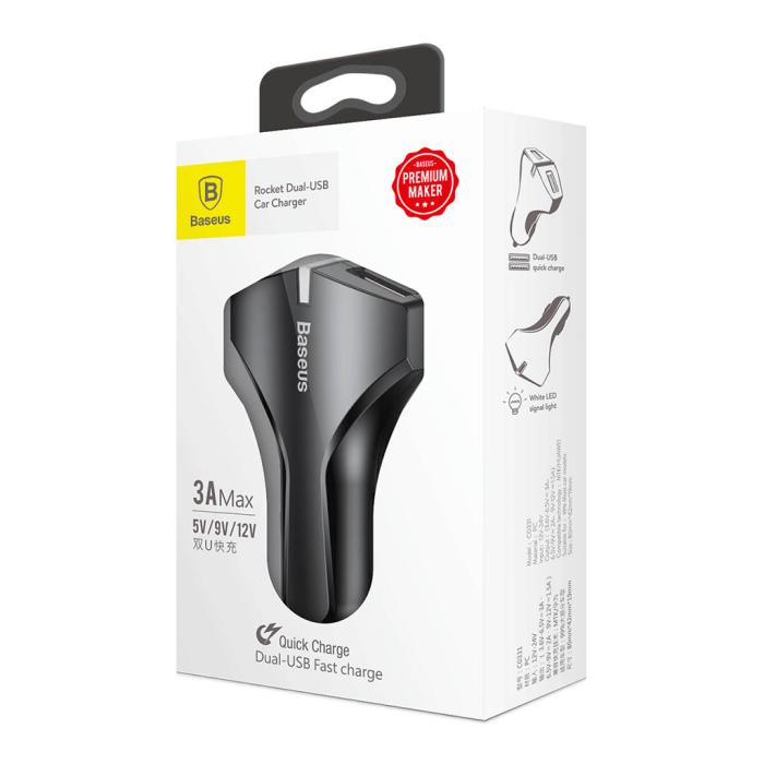 UTGATT4 - Baseus Small Rocket Quick Charge 3.0 Med Dubbla-USB bil laddare - Svart