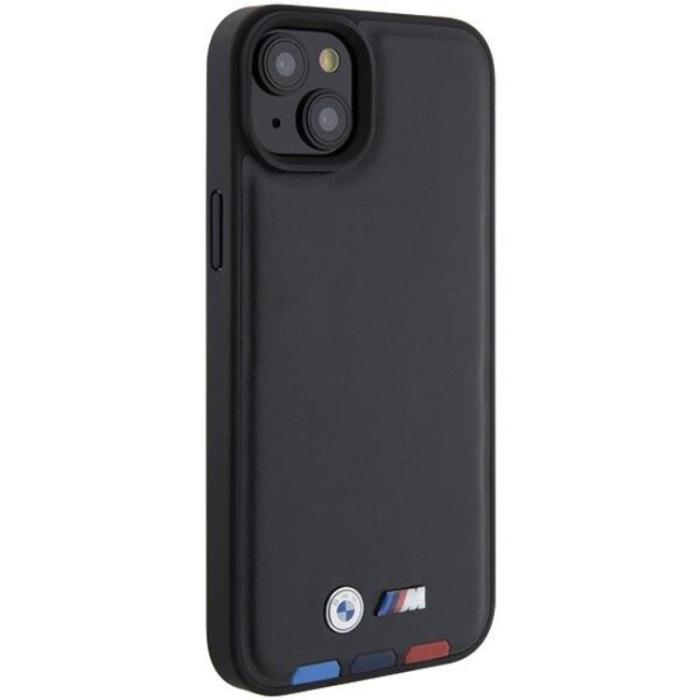 BMW - BMW iPhone 15 Plus Mobilskal Läder Stamp Tricolor - Svart