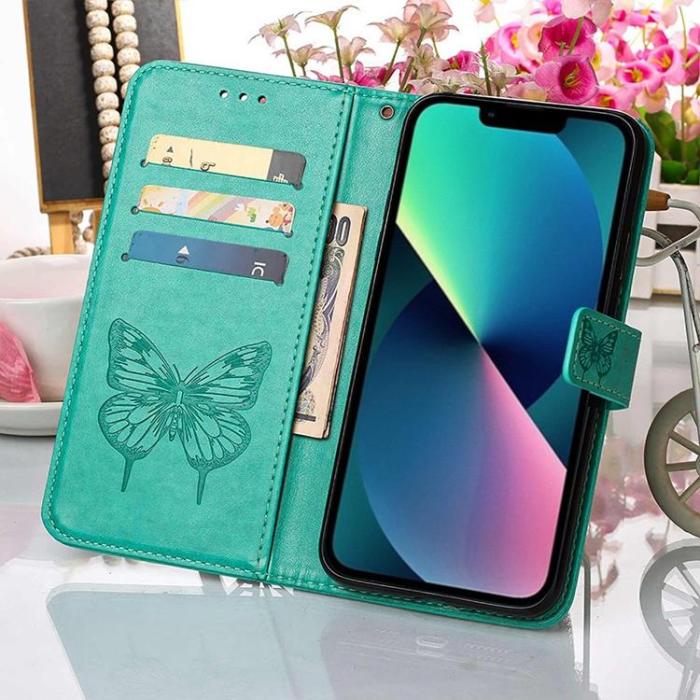 OEM - iPhone 14 Plus Plånboksfodral Butterfly Flower Imprinted - Grön
