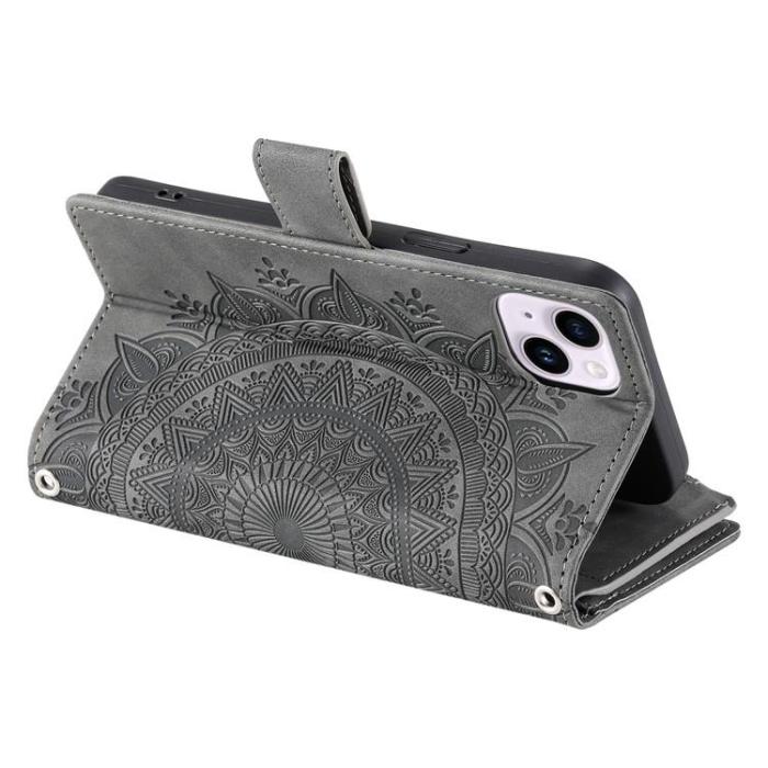 OEM - iPhone 15 Plus Plånboksfodral Mandala Flower Imprinted - Grå