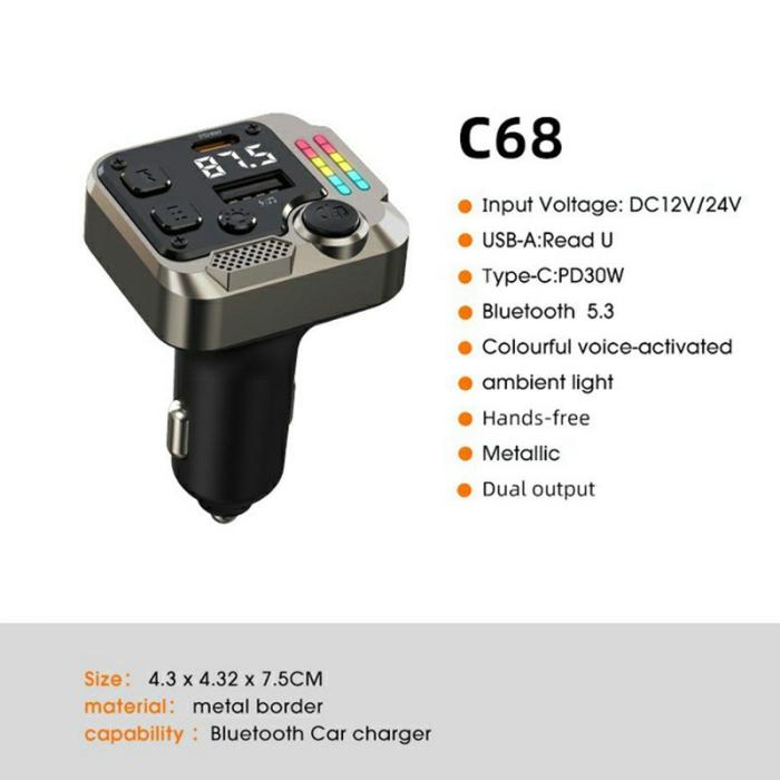 OEM - C68 Bluetooth FM-sändare biladapter PD 30W dubbla portar svart