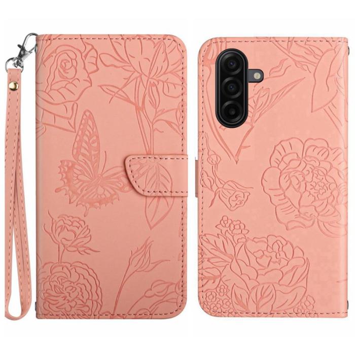 OEM - Samsung Galaxy S26 Skal Med Handledsrem Fjäril Blommor Konstläder - Rosa