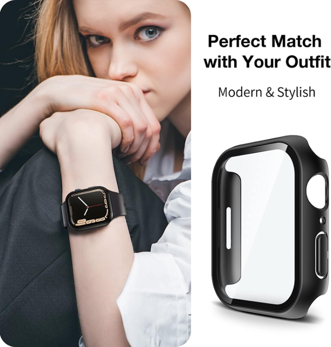 A-One Brand - 2-i-1 Skal med Hädat glas Apple Watch 7/8 (45mm) - Svart
