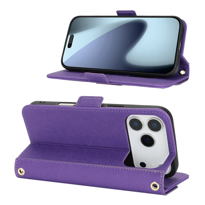 A-One Brand - iPhone 17 Pro Konstläder Plånboksfodral Cross Texture med Axelrem - Lila