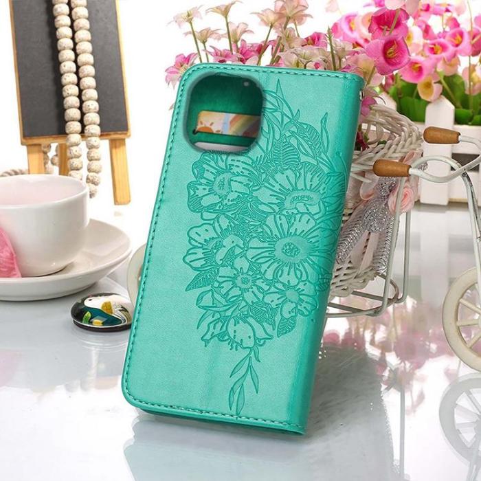OEM - iPhone 14 Plus Plånboksfodral Butterfly Flower Imprinted - Grön