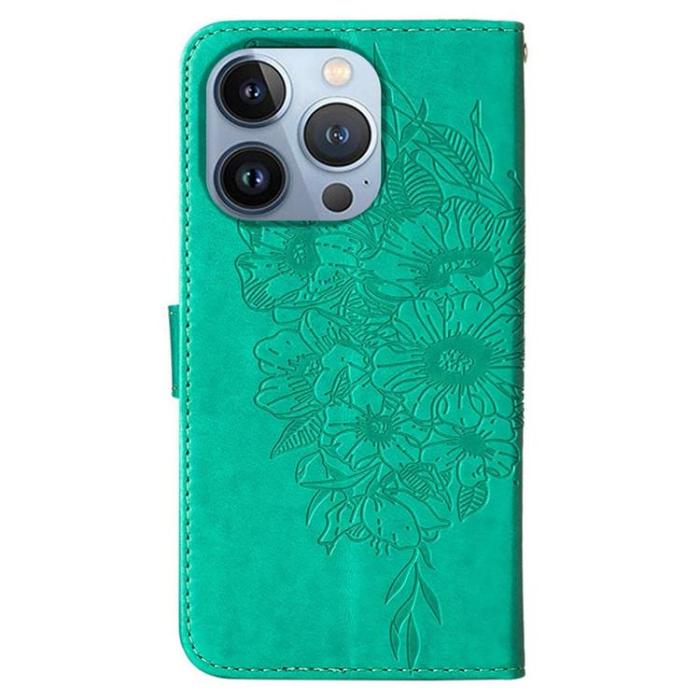 OEM - iPhone 14 Pro Max Plånboksfodral Butterfly Flower Imprinted - Grön