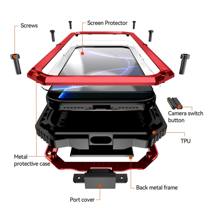 R-JUST - R-JUST iPhone 17 Pro Mobilskal med Härdat Glas Kickstand - Röd
