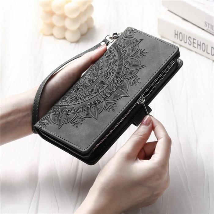 OEM - iPhone 15 Plus Plånboksfodral Mandala Flower Imprinted - Grå