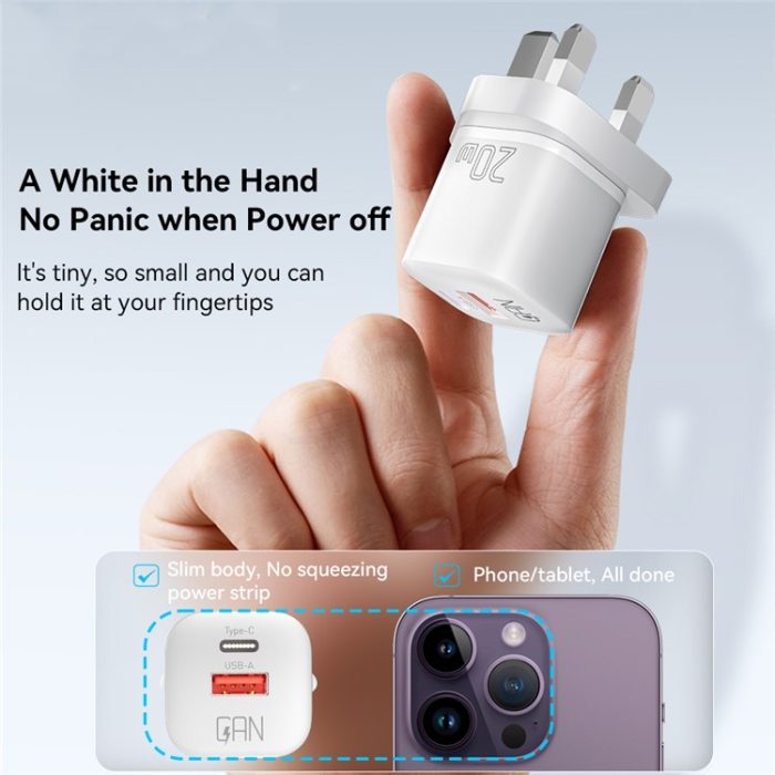 ESSAGER - ESSAGER GaN Snabbladdare 20W USB-A - USB-C UK Curved - Vit