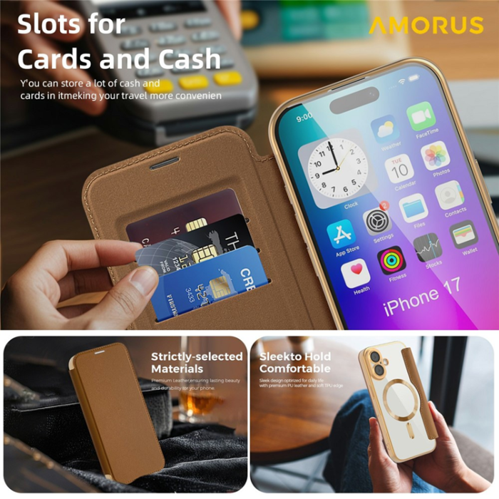 Amorus - AMORUS iPhone 17 Plånboksfodral MagSafe RFID Blocking - Brun